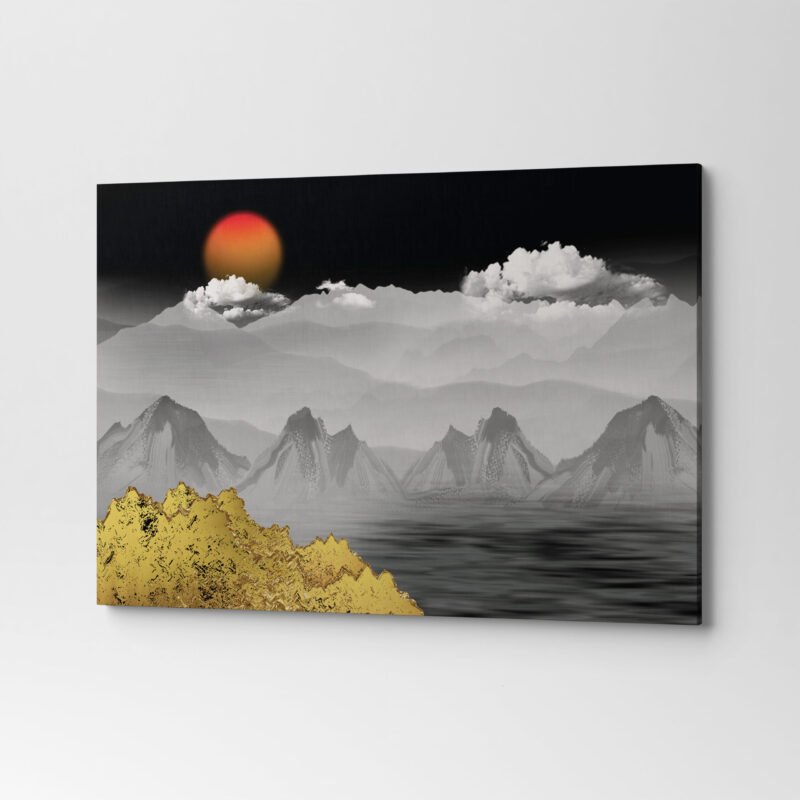 Golden Black and Gray Mountains and Trees in Light Canvas Wall Art - Image 3