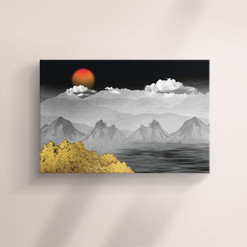 Golden Black and Gray Mountains and Trees in Light Canvas Wall Art - Image 2