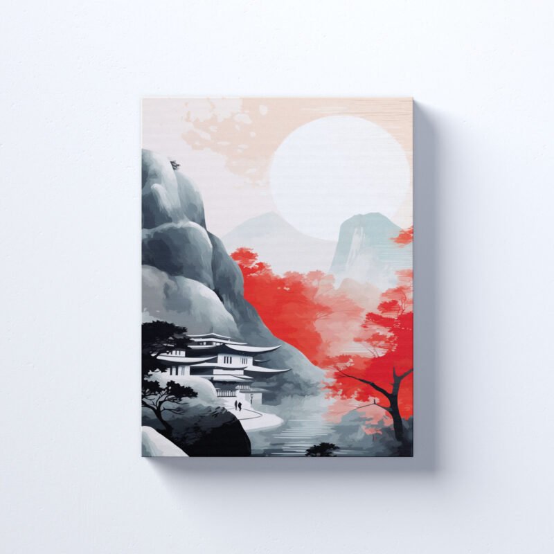 Painting of a Mountain with a Pagoda Canvas Wall Art - Image 2