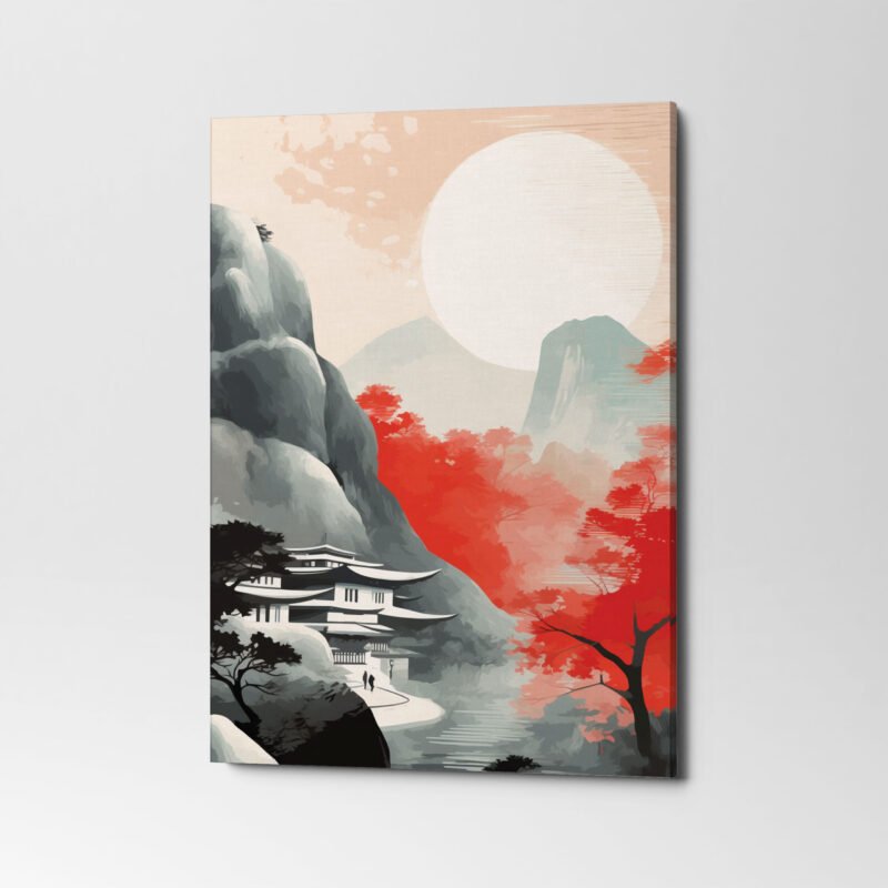 Painting of a Mountain with a Pagoda Canvas Wall Art - Image 3