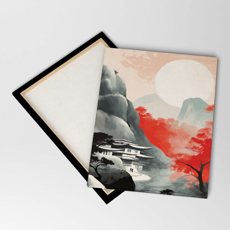 Painting of a Mountain with a Pagoda Canvas Wall Art - Image 4