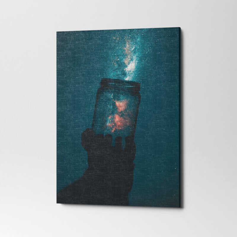 A Hand holding up a Jar against a Dark Teal Galaxy background Canvas Wall Art - Image 3