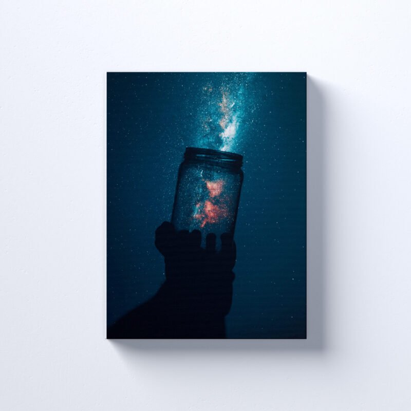 A Hand holding up a Jar against a Dark Teal Galaxy background Canvas Wall Art - Image 2